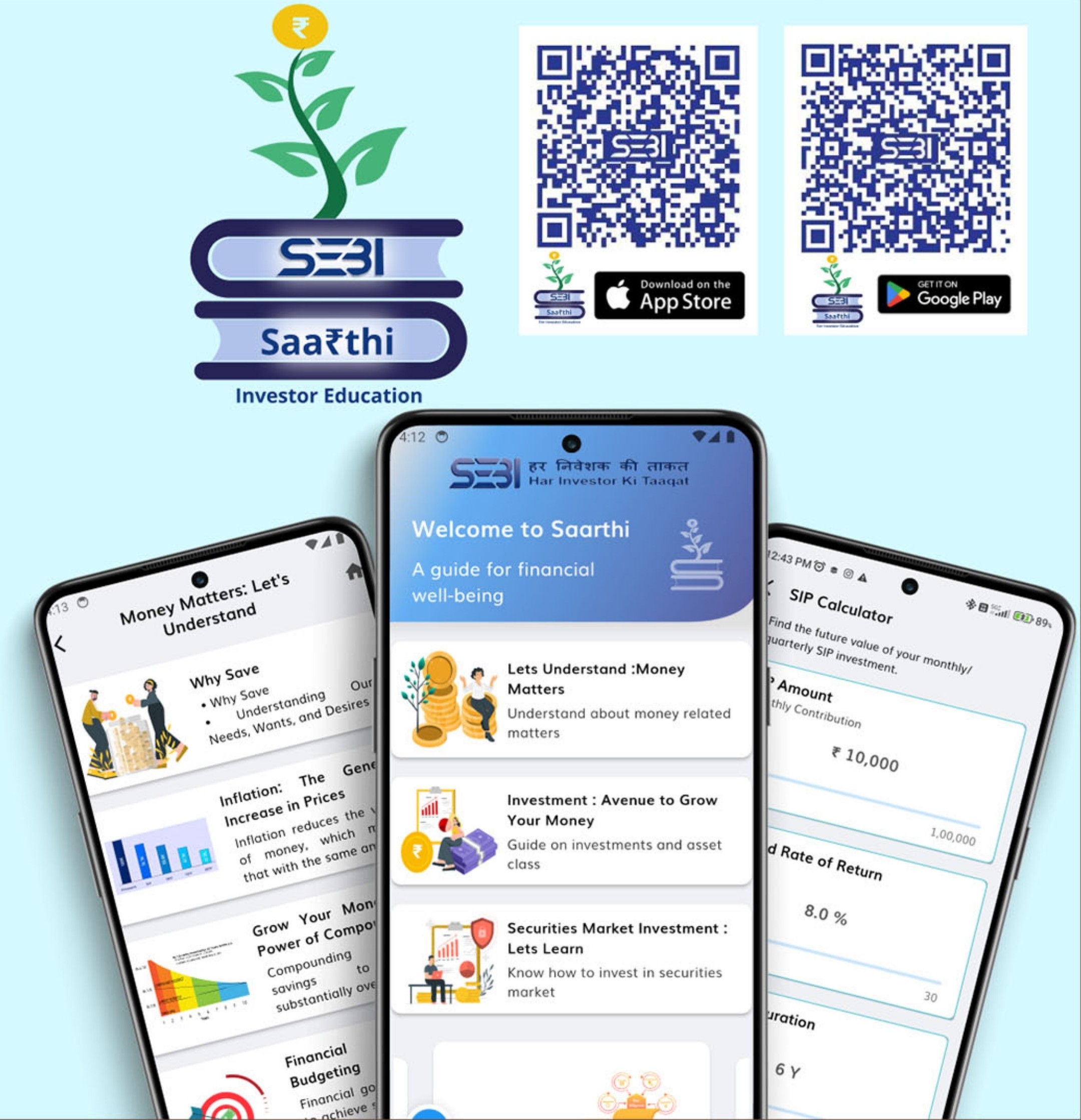 SEBI Saathi App with QR codes and mobile application screens