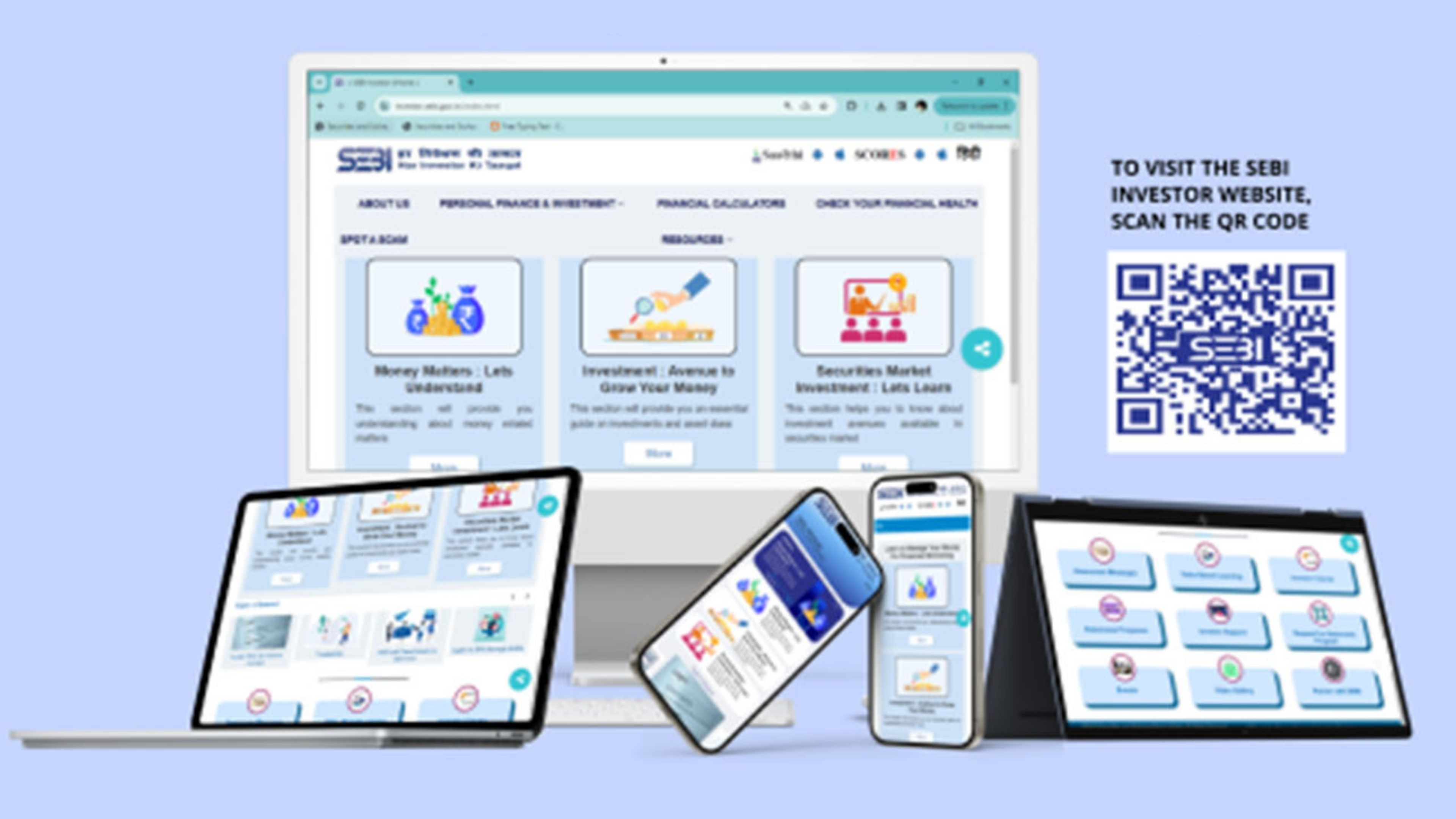 SEBI Investor website displayed on desktop, tablet and mobile devices with QR code